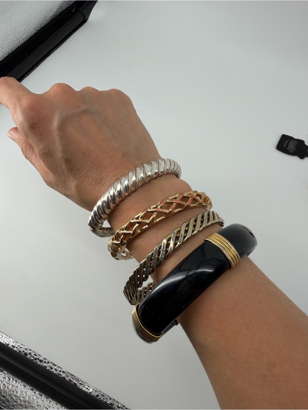 Vintage Bangle Bracelet Stack Set 4 Mixed Metal Gold Silver Black Mob Wife